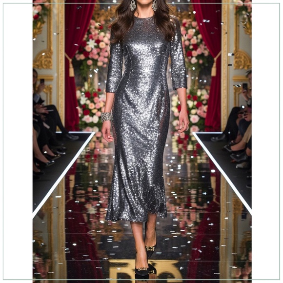 $4950 Dolce & Gabbana Silver and Gold Long Sleeve Sequined Runway Dress - Picture 1 of 9